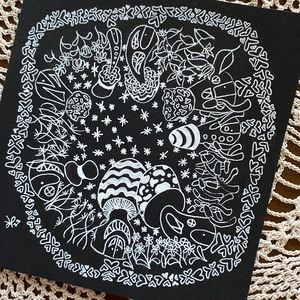 Unframed Original Art Black & White Night Mushroom Village Gel Pen AB Artist